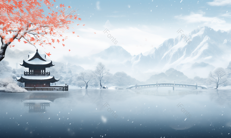 唯美冬季冬天立冬冬至梅花水墨山水插画背景,插画/手绘图,插画/手绘图库,插画/手绘图下载,插画/手绘